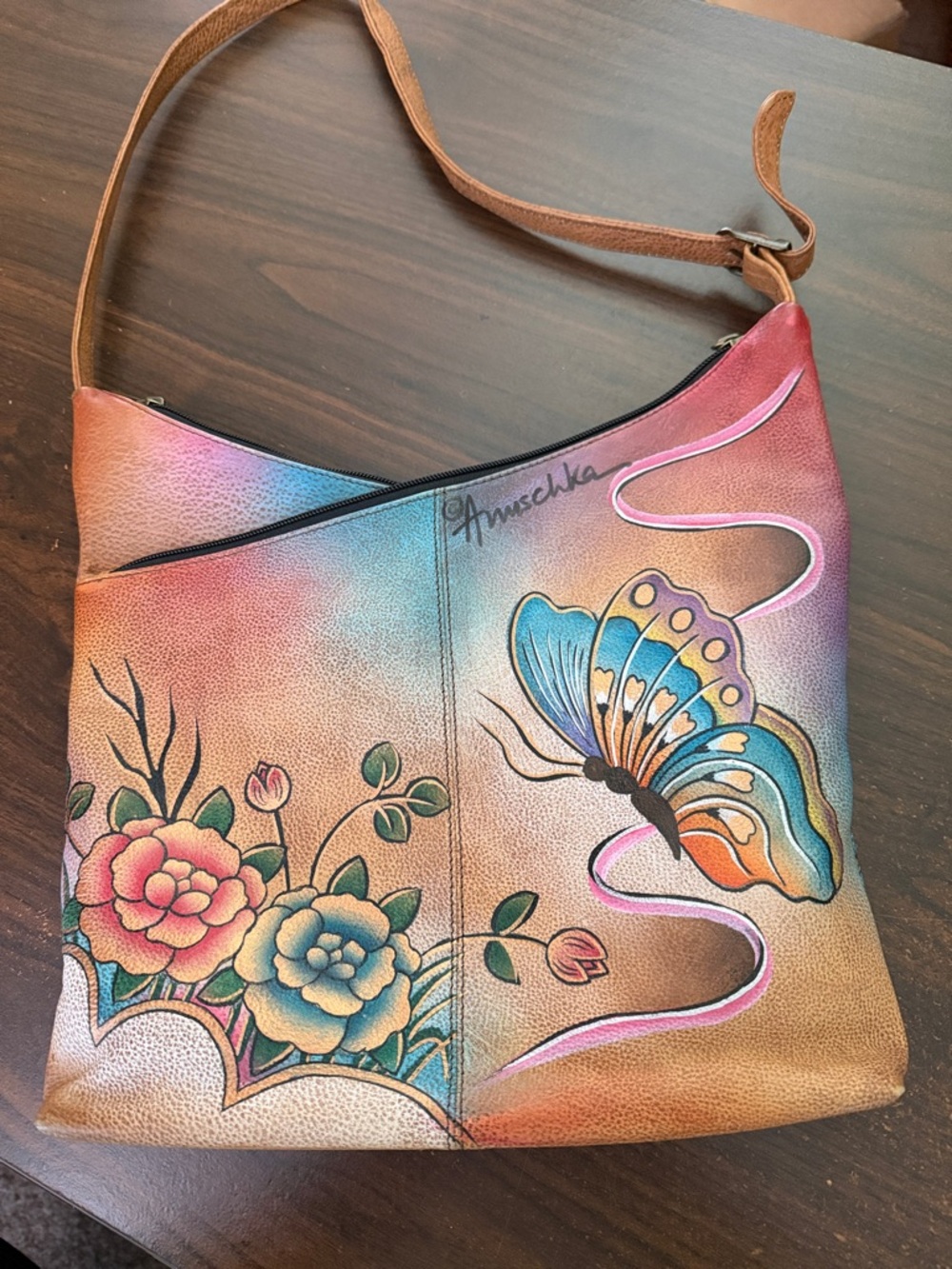 Anuschka Hand-Painted Leather Butterfly & Floral Convertible Hobo - Style 10824